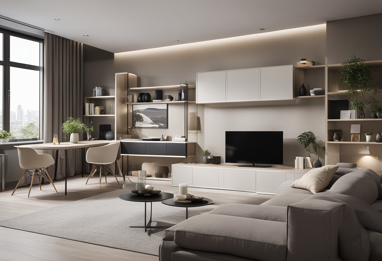 A modern 2 bedroom interior with sleek furniture, neutral color palette, and clever storage solutions