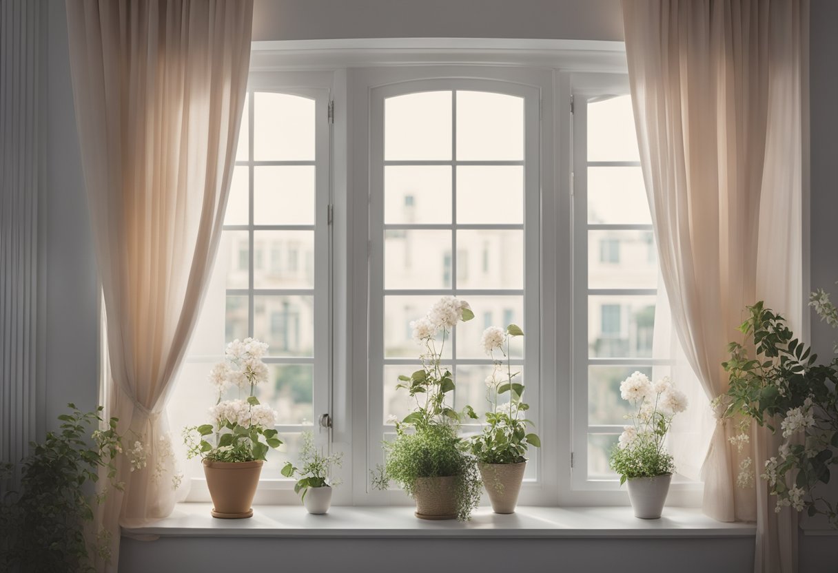 A large window with sheer white curtains, adorned with a delicate floral pattern in soft pastel colors, gently billowing in the breeze