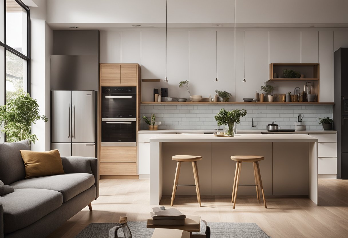 A spacious and open kitchen seamlessly flows into a cozy living room. Natural light floods the room, highlighting the sleek and modern design elements