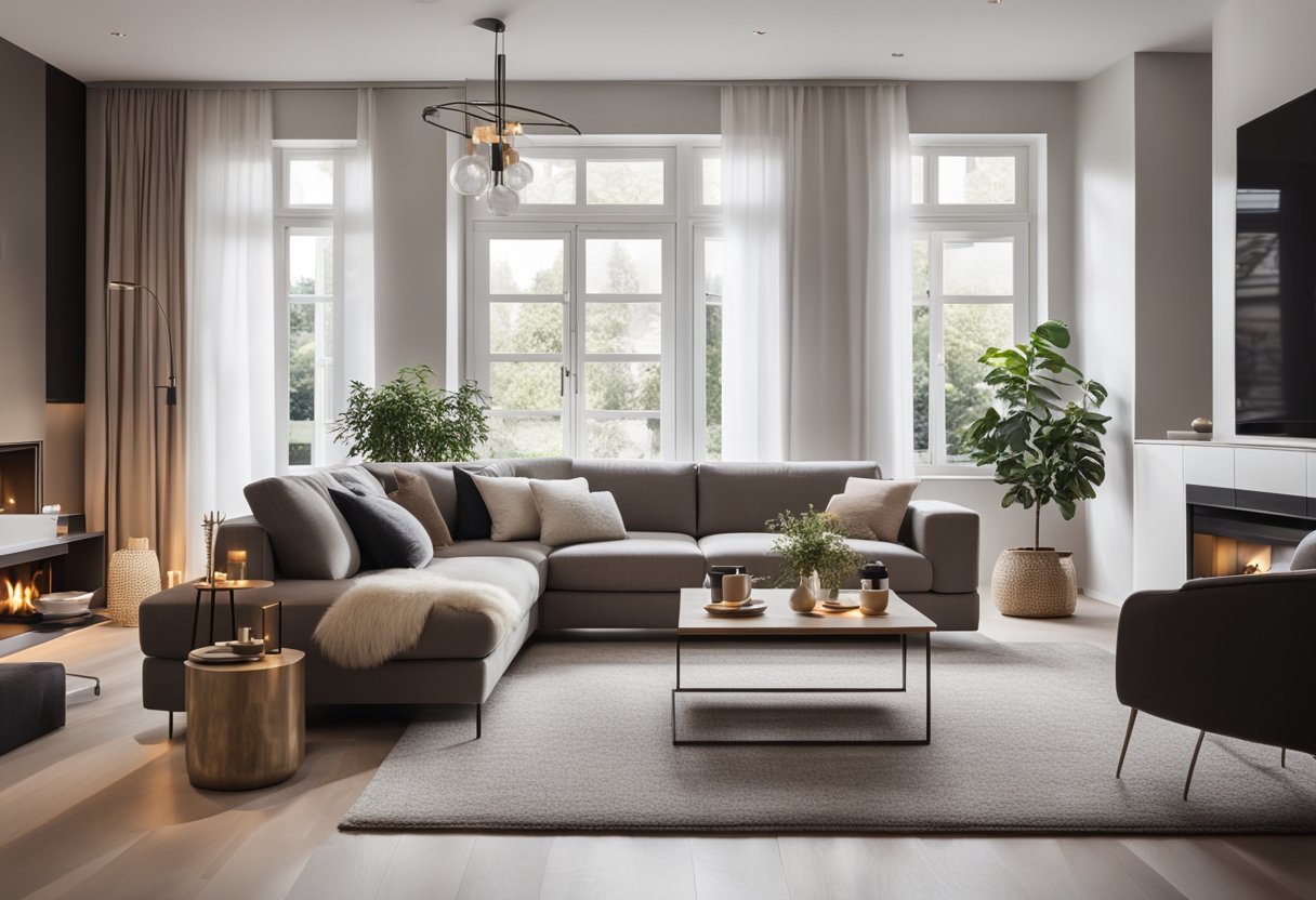 A cozy living room with a plush sofa, a warm rug, and a fireplace. A modern kitchen with sleek appliances and a dining area. A serene bedroom with a comfortable bed and soft lighting