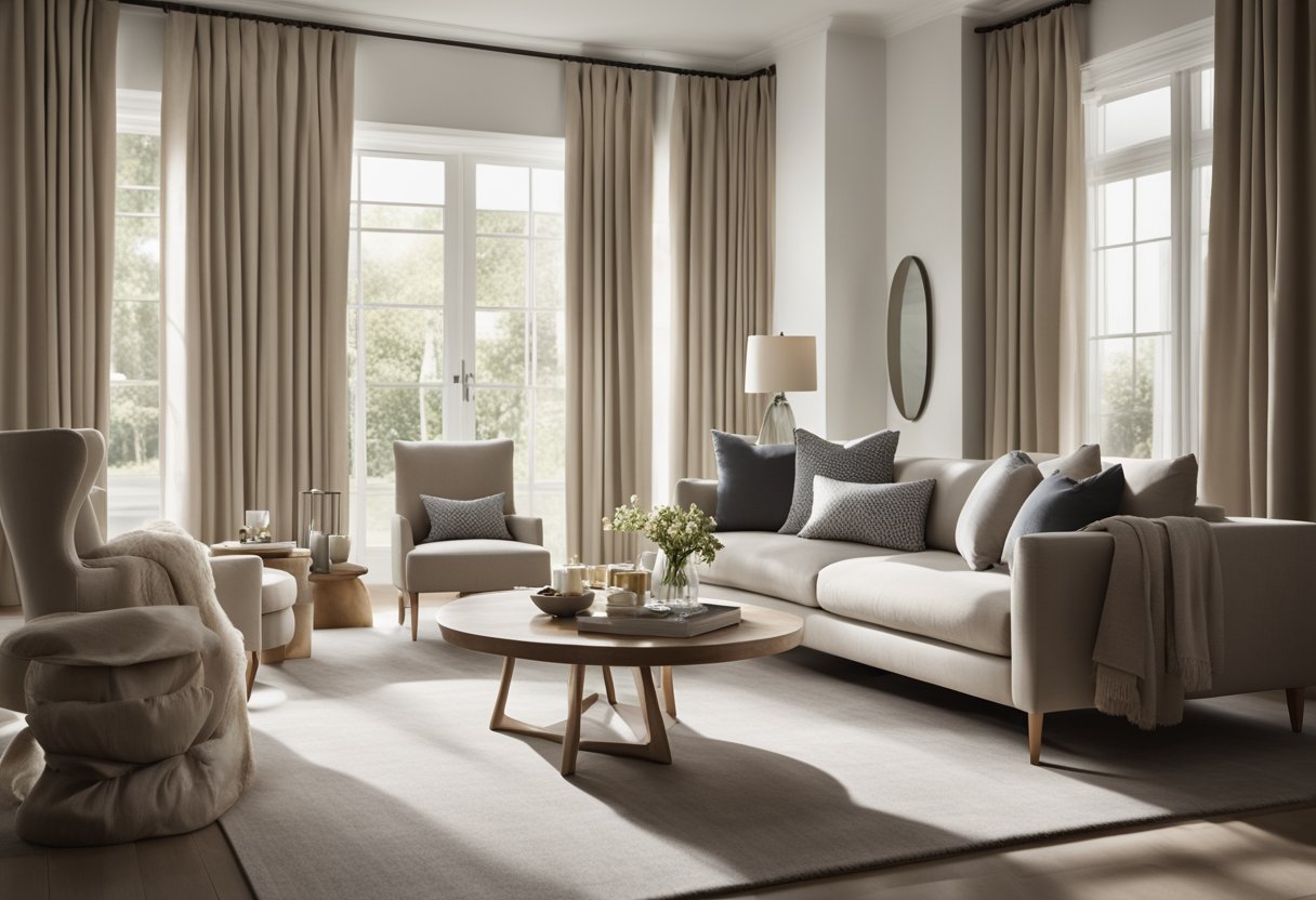 A cozy living room with floor-to-ceiling curtains in a neutral color, gently billowing in the breeze from an open window. The curtains are adorned with a subtle pattern or texture, adding depth to the room