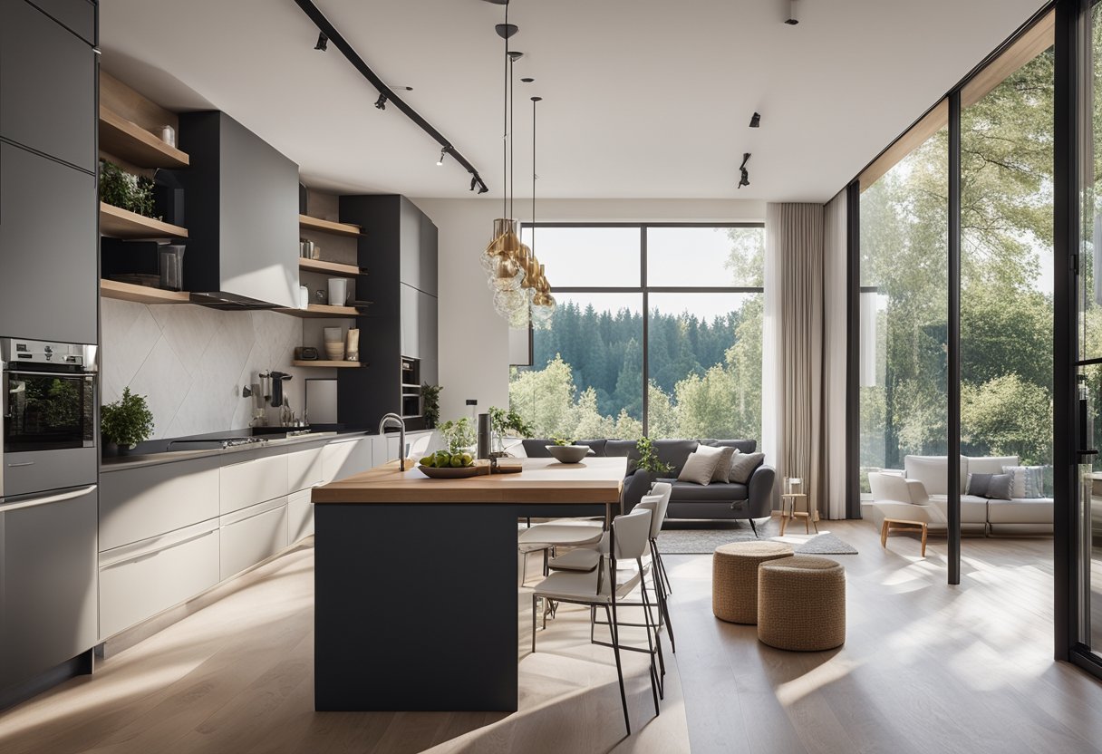 A spacious kitchen and living room with large windows, high ceilings, and minimalistic furniture to maximize natural light and space