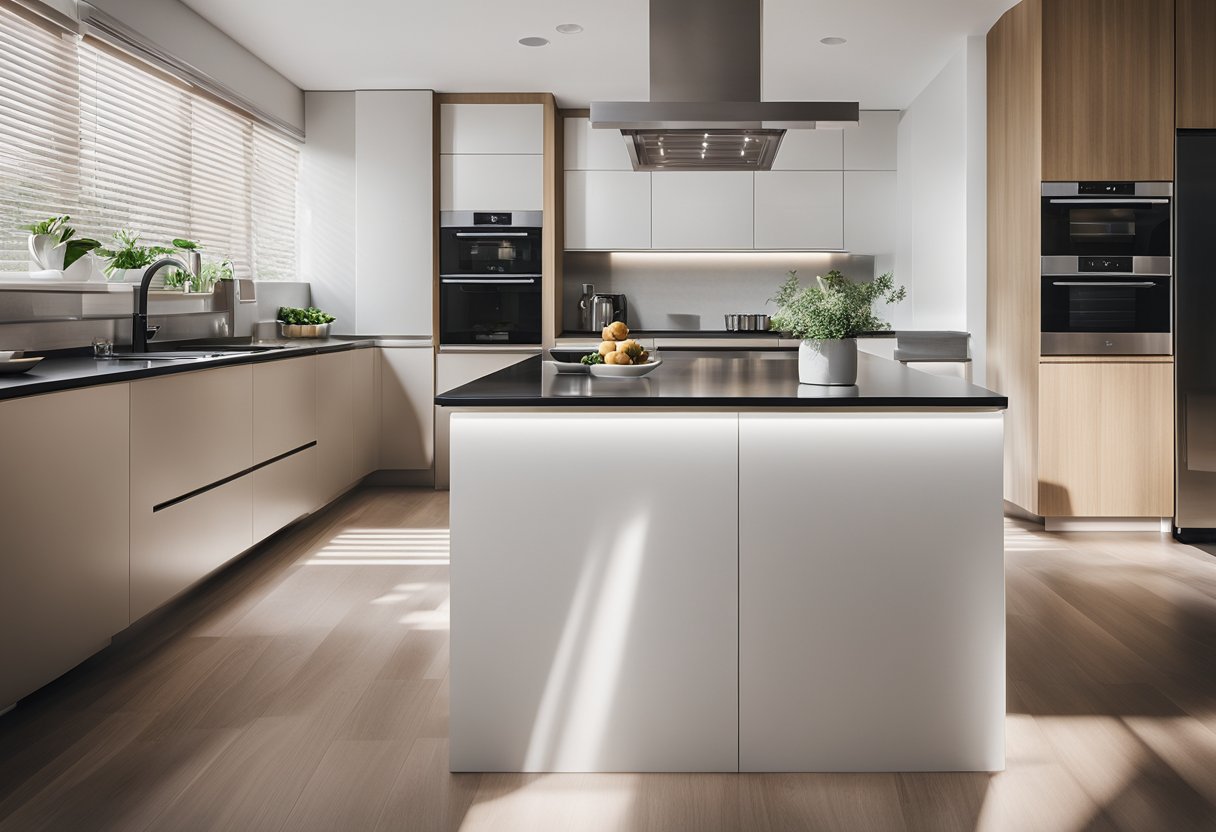 A modern kitchen and living room with sleek, minimalist design. Clean lines, neutral colors, and plenty of natural light create a spacious and inviting atmosphere