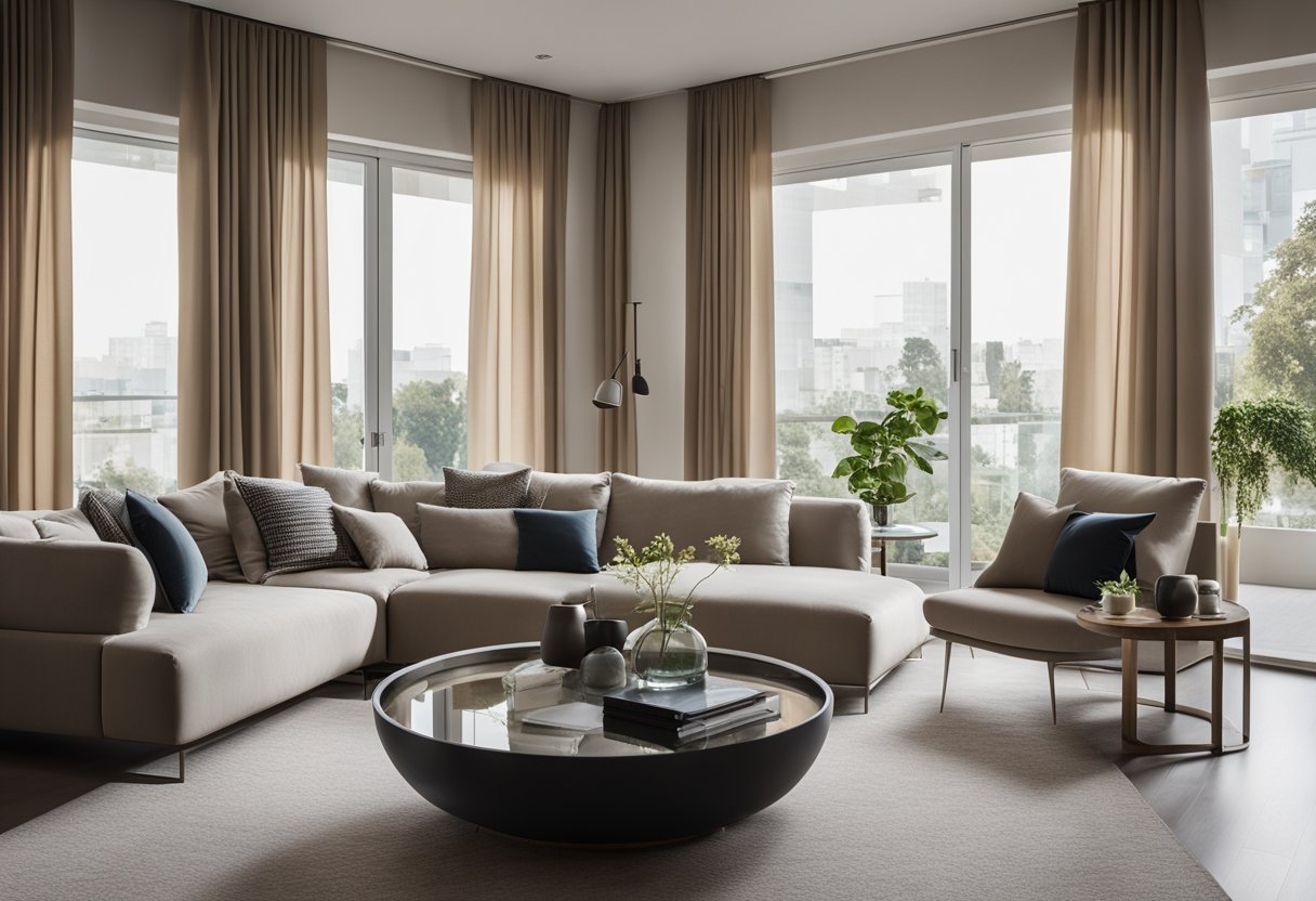 A modern living room with sleek, floor-to-ceiling curtains in a neutral color, allowing natural light to filter in while maintaining privacy