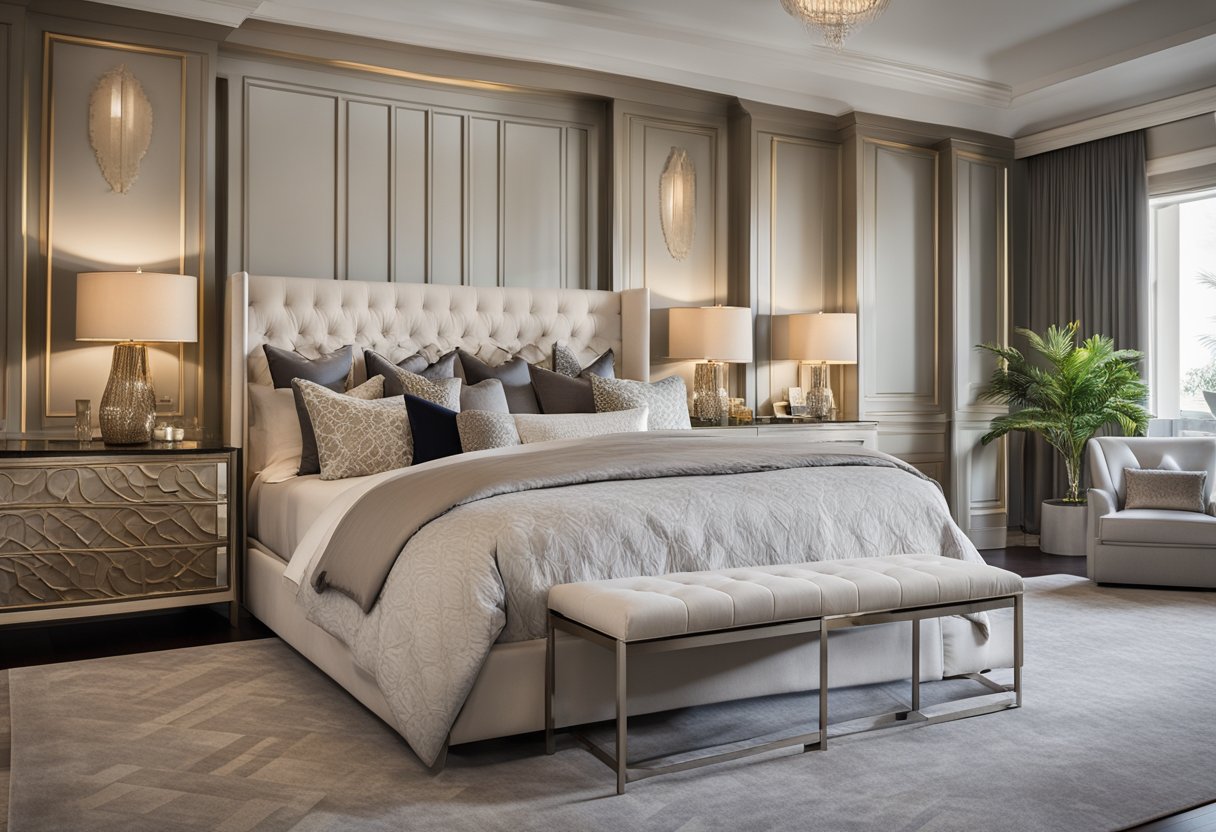 A spacious master bedroom with a king-size bed adorned with luxurious bedding and a variety of stylish throw pillows. The headboard features an elegant and intricate design, while the surrounding decor exudes a sense of sophistication and comfort