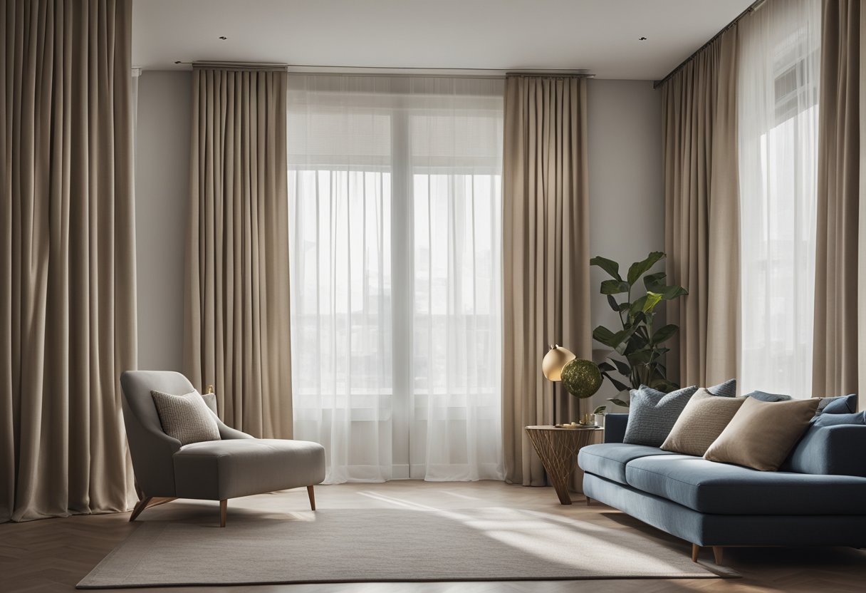 A cozy living room with a large window covered by elegant, floor-length curtains. The fabric is a light, sheer material, allowing soft natural light to filter through into the room