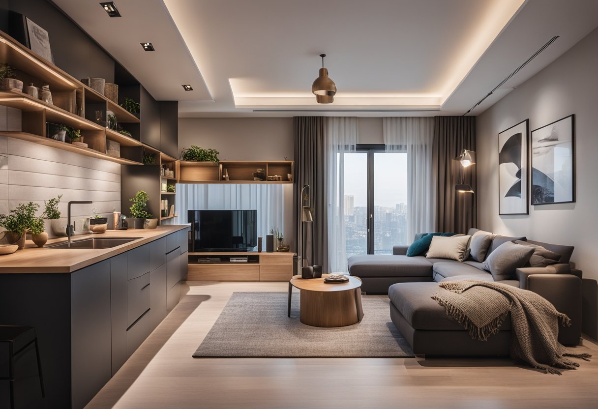 A cozy 2-bedroom interior with modern furniture, warm lighting, and stylish decor. A spacious living area, a well-equipped kitchen, and a comfortable bedroom with a minimalist design