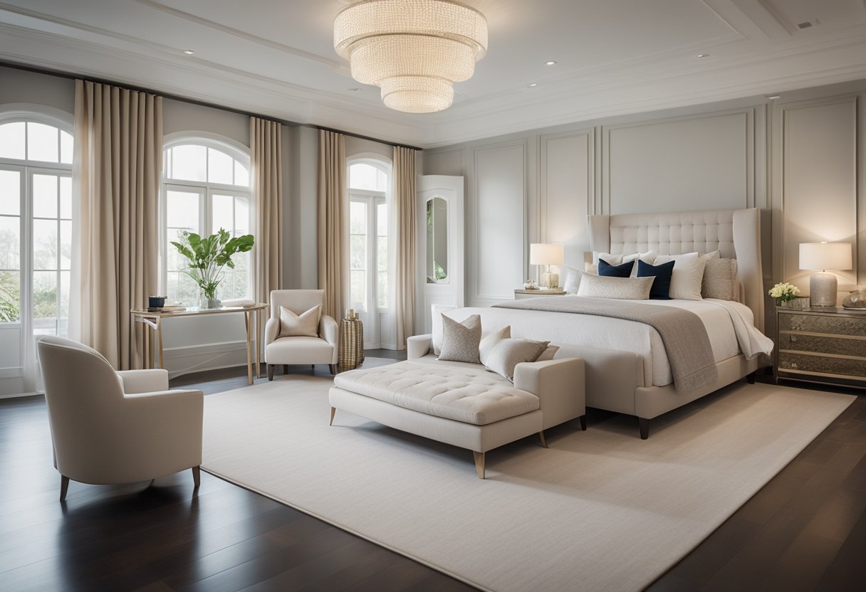 A spacious master bedroom with a luxurious cot as the focal point. Soft, neutral tones and elegant decor create a serene and inviting atmosphere