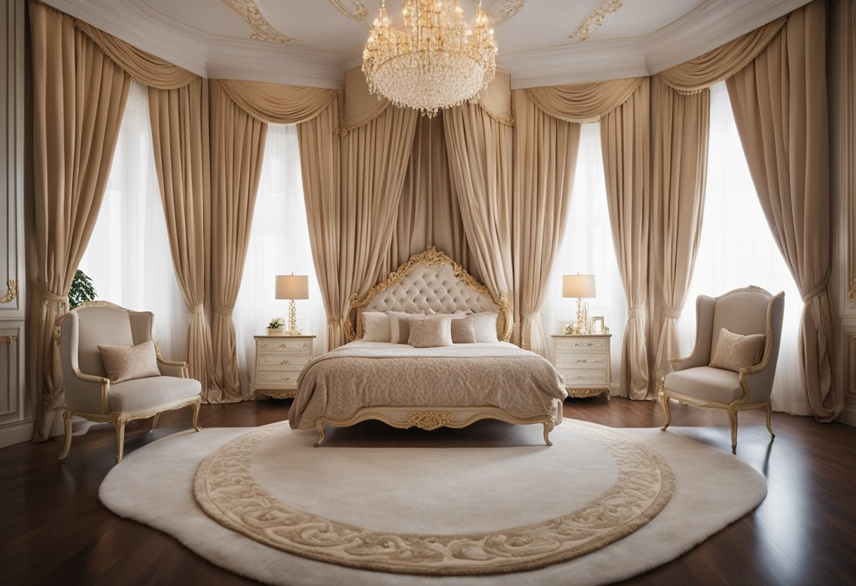 A princess bedroom with a canopy bed, flowing curtains, and a chandelier. The room is adorned with elegant furniture, plush rugs, and ornate wall decorations