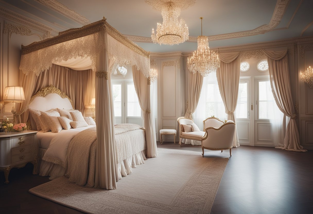 A regal four-poster bed with flowing canopy, adorned with delicate lace and satin fabrics. Soft pastel colors, ornate furniture, and sparkling chandeliers complete the enchanting princess bedroom design