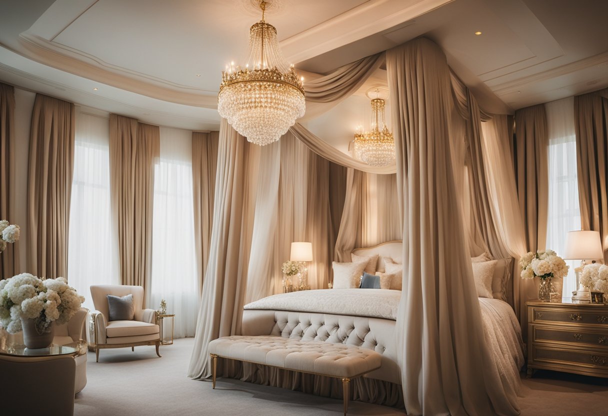 A luxurious princess bedroom adorned with elegant curtains, plush pillows, and a regal canopy bed. Sparkling chandeliers and delicate wall art complete the enchanting sanctuary