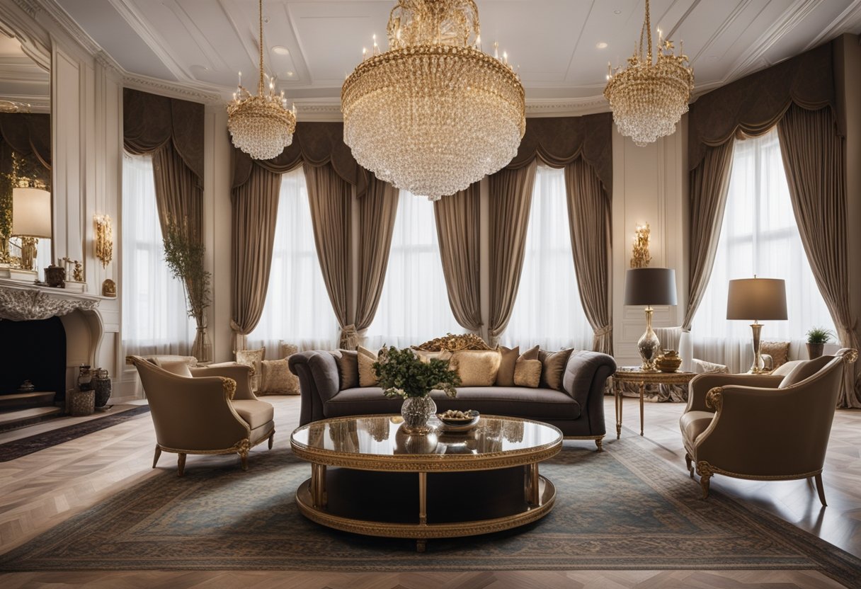 A grand living room with opulent furnishings, ornate chandeliers, and intricate moldings. Sumptuous fabrics and plush carpets create an elegant and inviting atmosphere