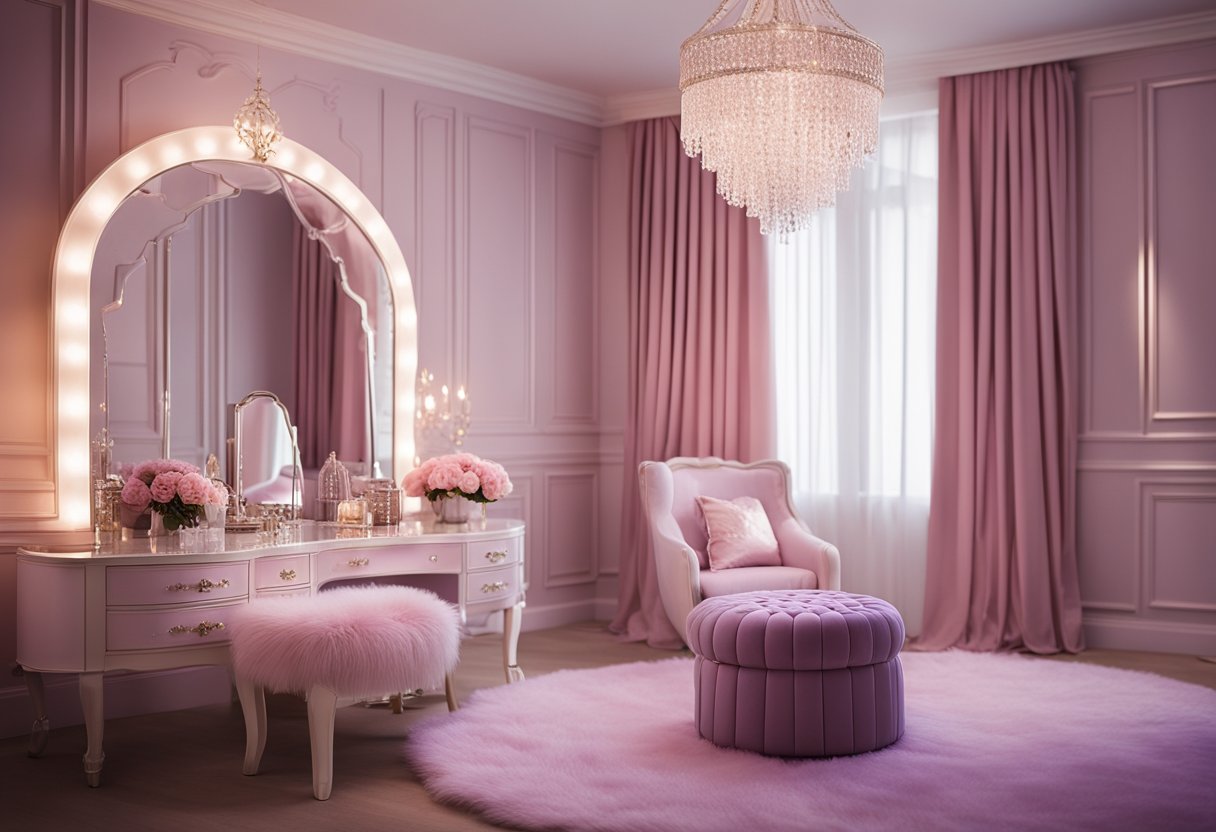 A princess bedroom with a canopy bed, soft pink and purple color scheme, sparkly chandelier, and a vanity table with a mirror and plush seating