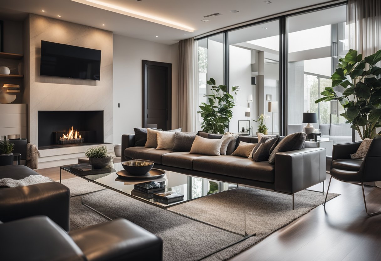 A modern living room with a large mirror hanging above a sleek fireplace, surrounded by contemporary furniture and soft lighting