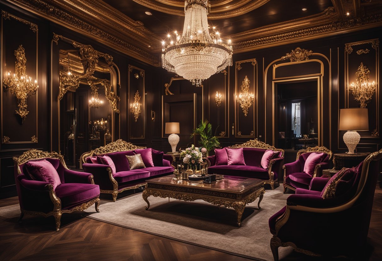 A grand, opulent living room with plush velvet sofas, ornate chandeliers, and intricate moldings on the walls and ceiling. Rich, deep colors and luxurious fabrics create a sense of elegance and sophistication
