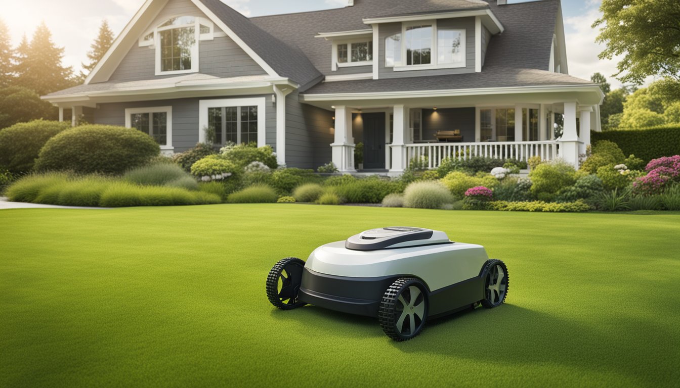 Robot mowers cutting grass in a perfectly manicured yard. They move methodically, leaving clean lines behind