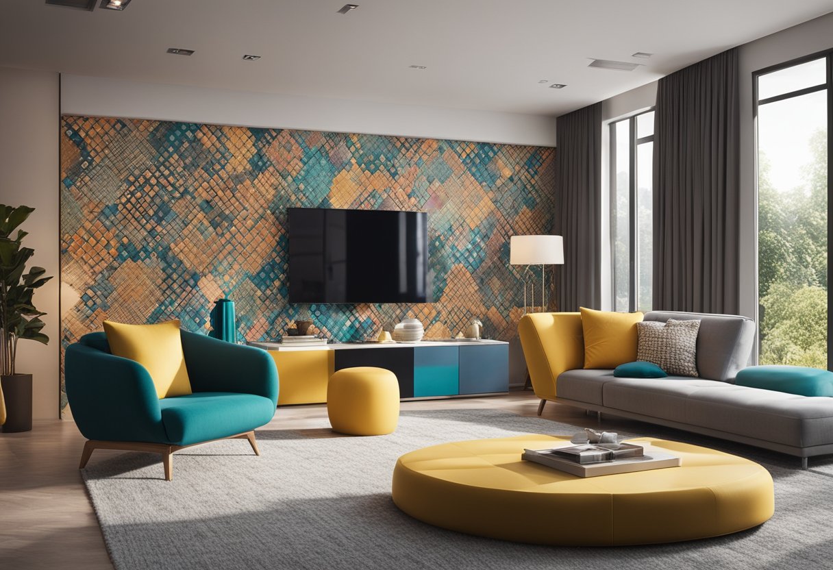 A spacious living room with modern furniture and large windows. The walls are adorned with colorful, abstract wallpaper designs, creating a vibrant and stylish atmosphere
