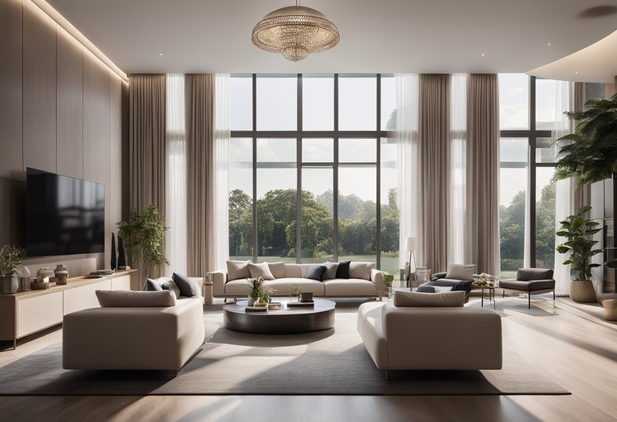 A luxurious living room with modern furniture, elegant decor, and a neutral color palette. High ceilings, large windows, and soft lighting create a spacious and inviting atmosphere