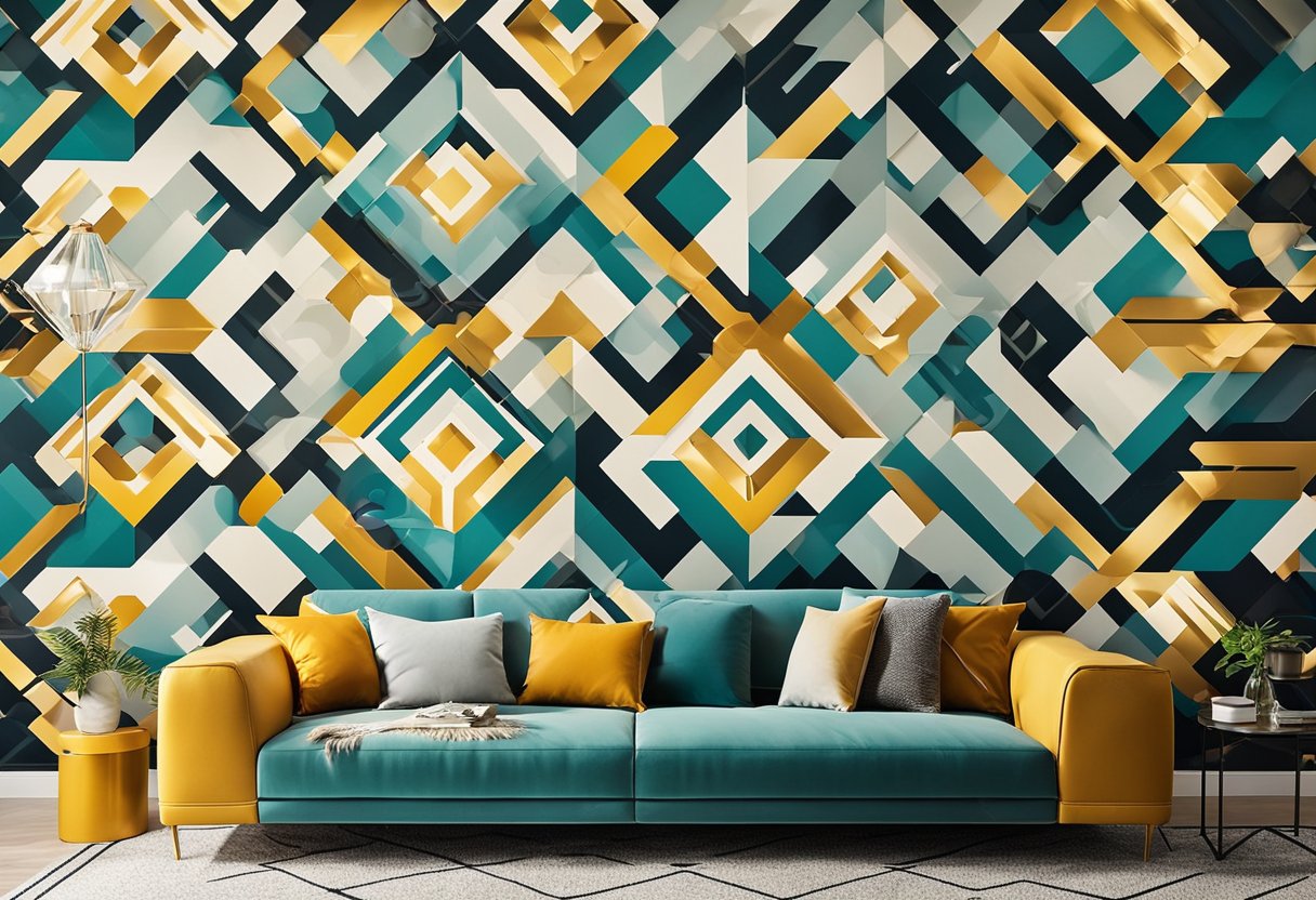 A modern living room with bold, geometric wallpaper in vibrant colors, accented with metallic details and abstract patterns