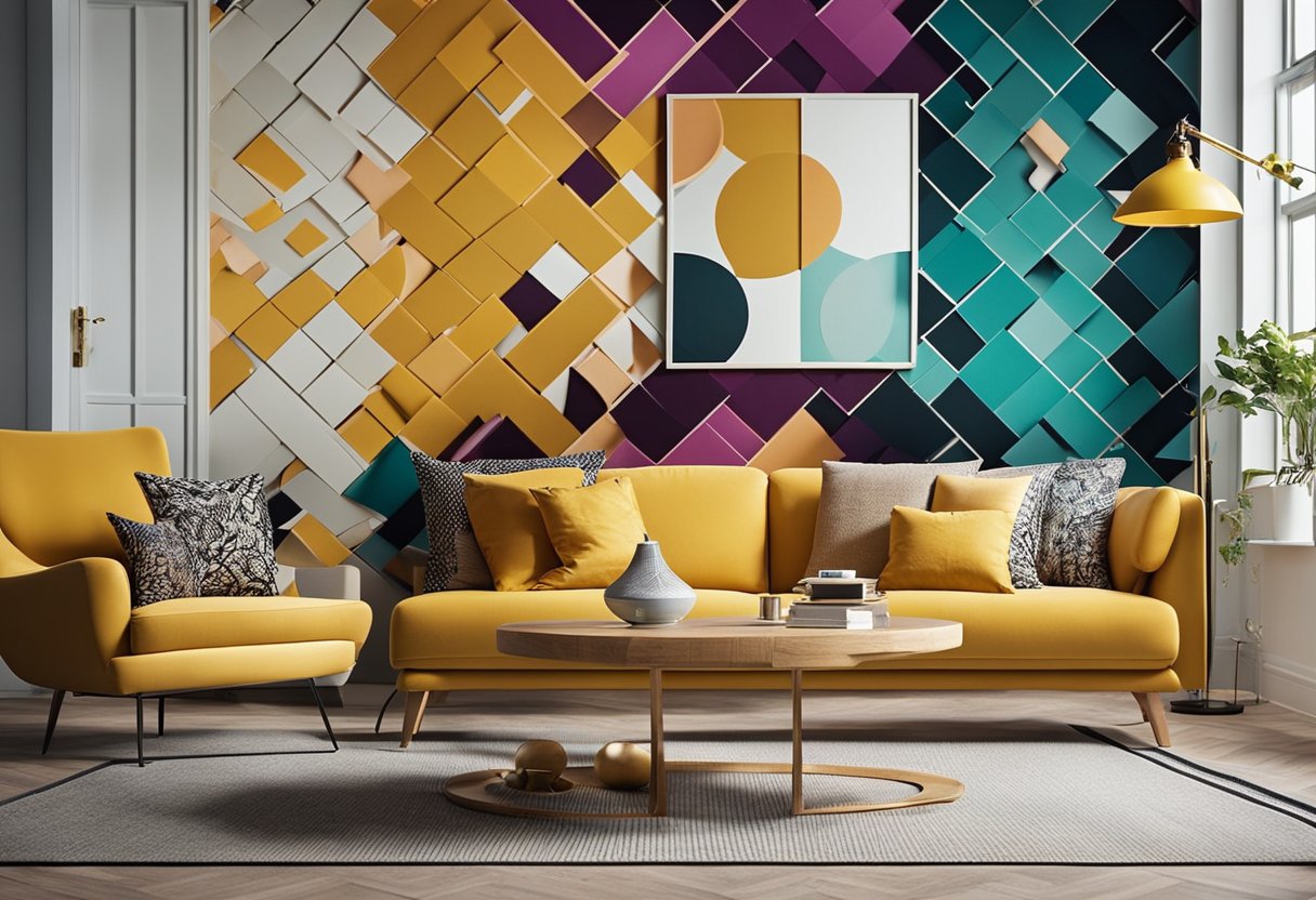 A living room with modern wallpaper featuring bold patterns and vibrant colors, creating a stylish and contemporary atmosphere