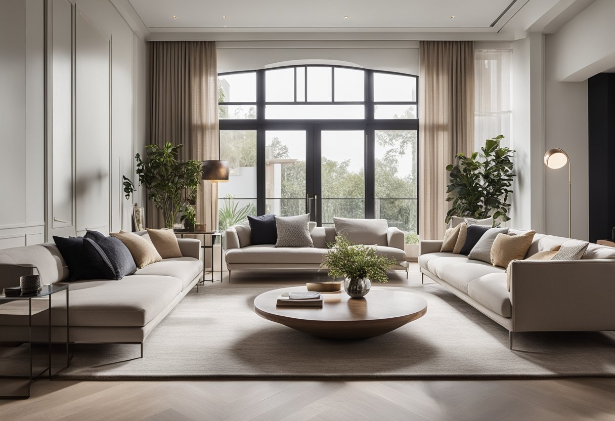 A spacious and elegant living room with modern furniture, high ceilings, and large windows. The room is bathed in natural light, with a neutral color palette and luxurious accents