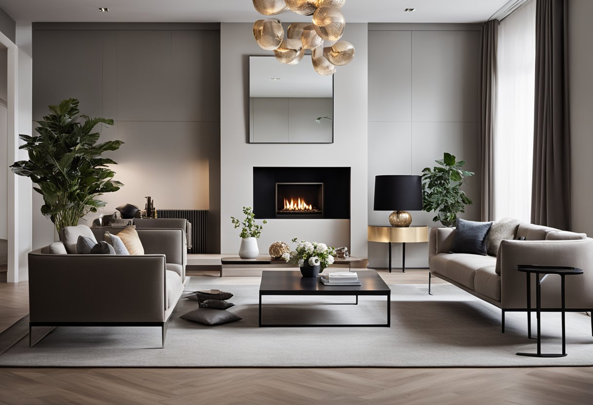 A modern living room with a large mirror above a sleek fireplace. The mirror reflects the stylish furniture and decor, adding depth and elegance to the space