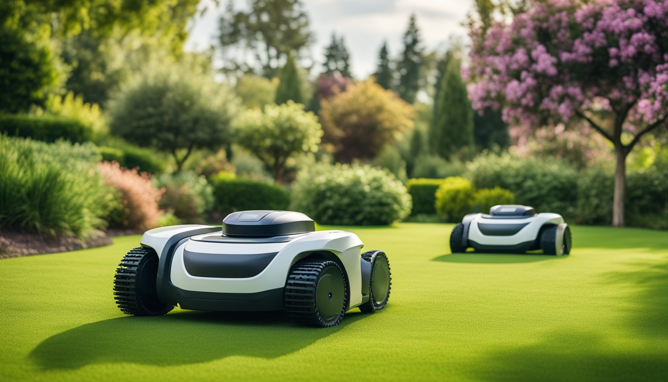 Robotic mowers cutting grass in a neatly landscaped yard, with sensors avoiding obstacles and GPS navigation for efficient coverage