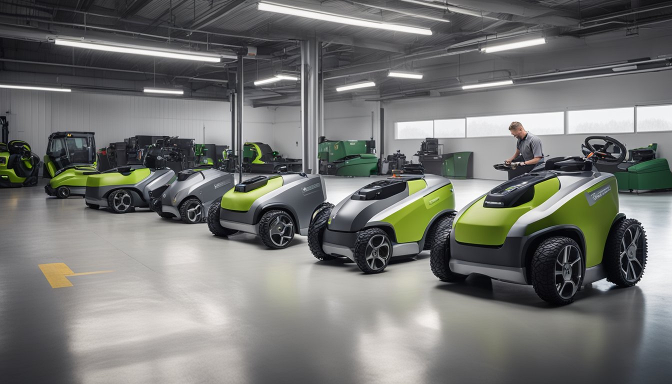 Robotic mowers lined up neatly in a spacious, well-lit garage. A technician performs maintenance on one, while another is being installed with precision and care