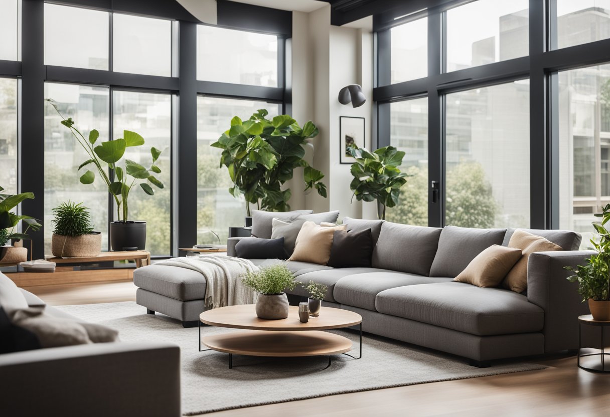 A spacious, modern living room with a cozy sectional sofa, sleek coffee table, and a wall-mounted entertainment system. Large windows let in plenty of natural light, and the room is accented with stylish decor and plants