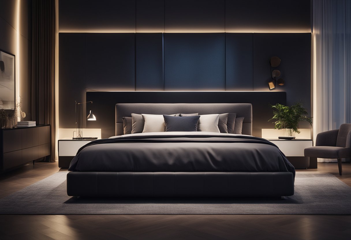 A dimly lit modern bedroom with sleek furniture and minimal decor. The walls are painted in a dark, moody color, and the room is illuminated by soft, ambient lighting