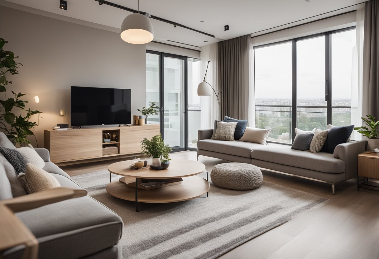 A cozy 4-room BTO living room with modern furniture, natural light, and a neutral color palette. The space is maximized with smart storage solutions and a functional layout