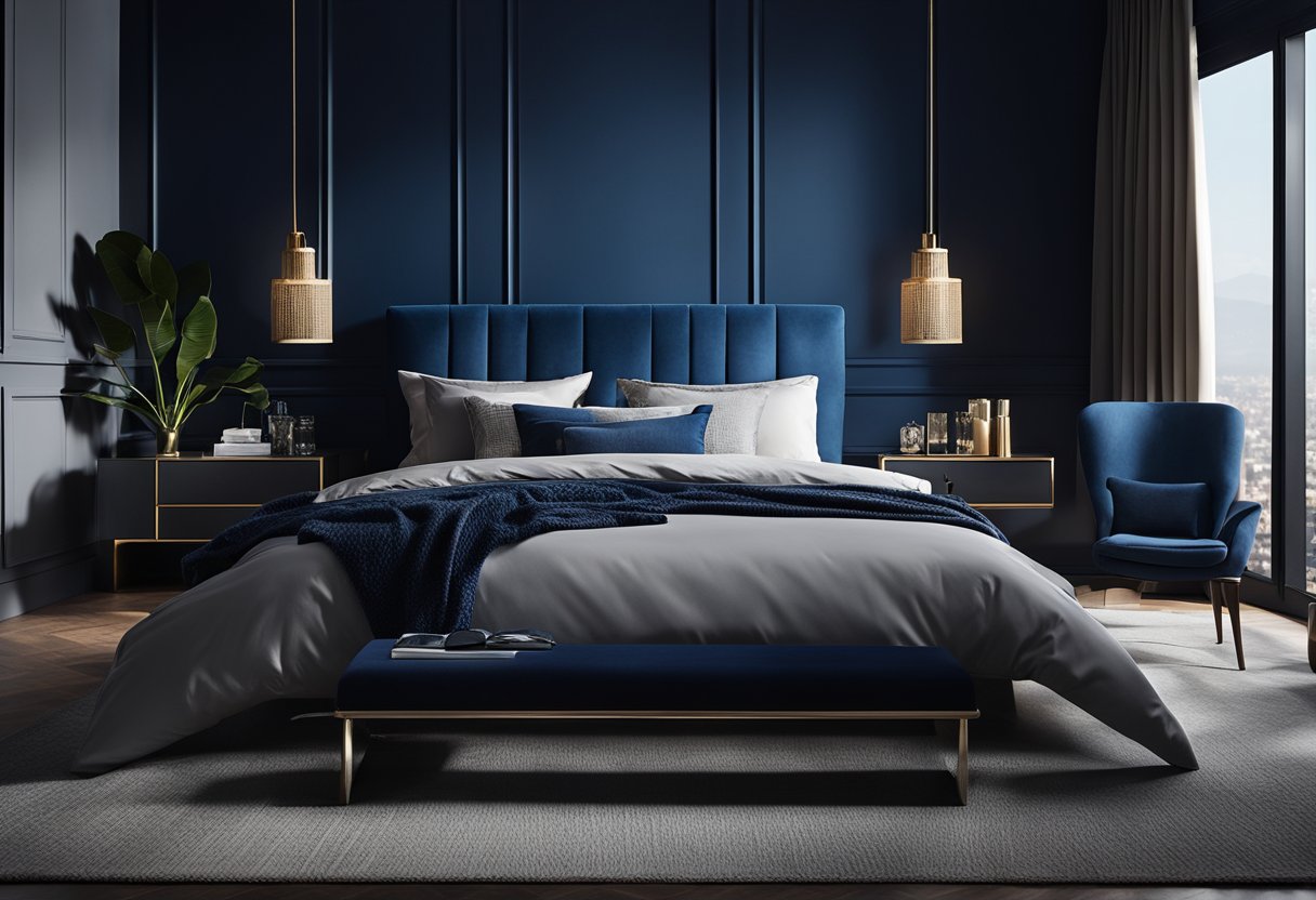A dimly lit modern bedroom with sleek furniture and deep blue accents, casting dramatic shadows against the walls