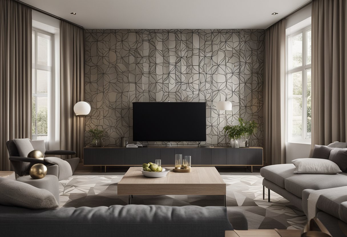 The living room features sleek, floor-to-ceiling curtains with geometric patterns in muted tones, complementing the contemporary decor
