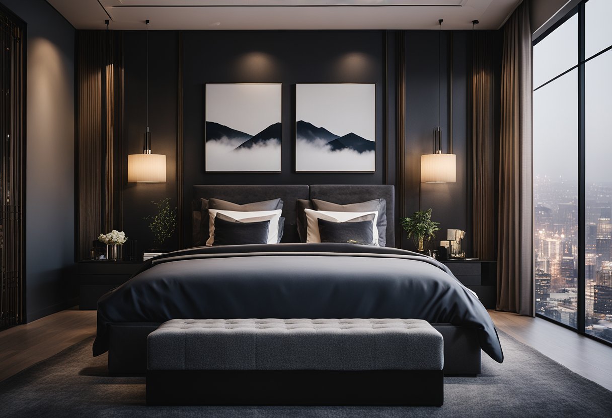 A sleek, dark modern bedroom with luxurious furnishings and a cozy, comfortable ambiance. Rich textures and elegant decor create an atmosphere of sophistication and relaxation