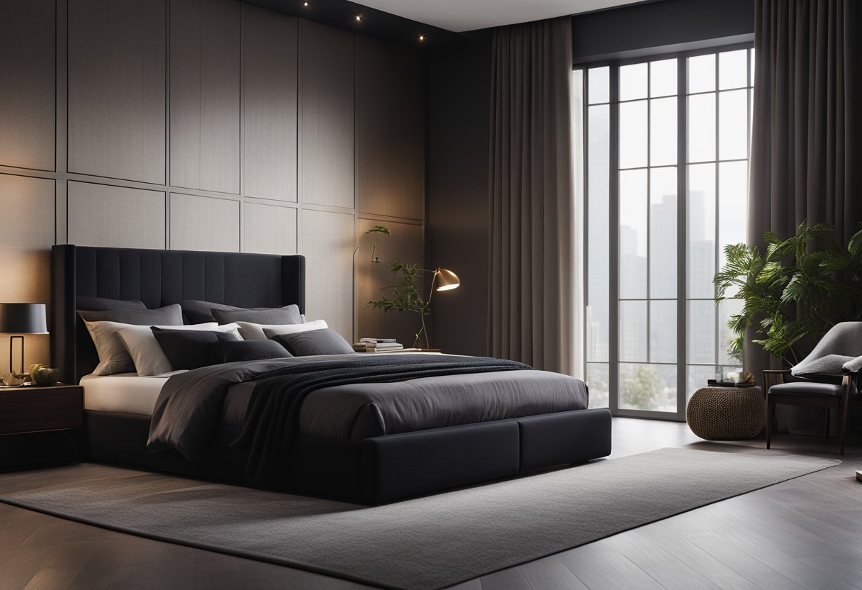 A dimly lit bedroom with sleek, minimalist furniture and dark color scheme. Clean lines and a mix of textures create a modern, sophisticated atmosphere