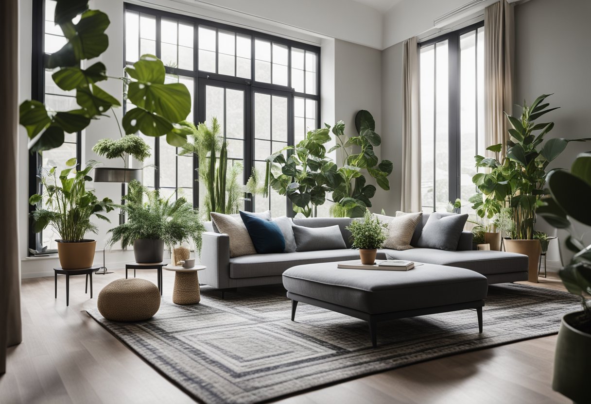 A modern living room with a sleek grey sofa, a glass coffee table, and a geometric patterned rug. A large window lets in natural light, and a potted plant adds a touch of greenery