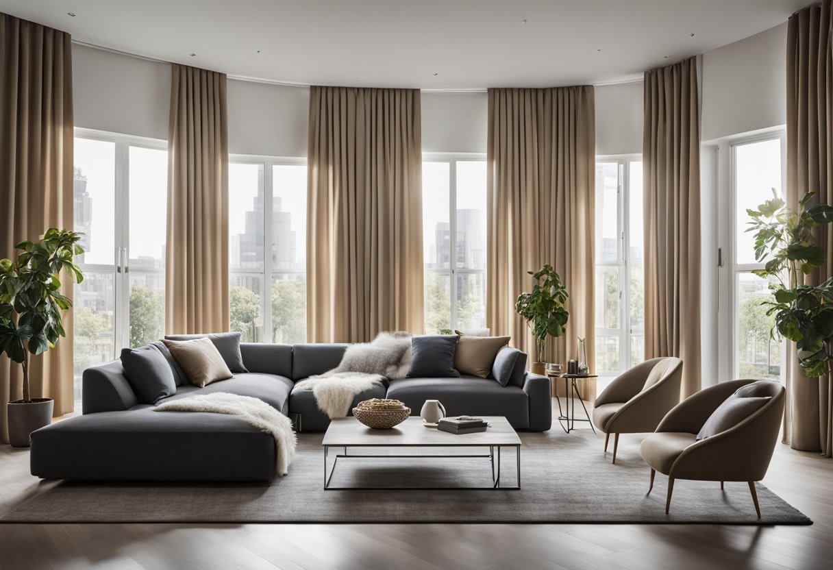 A modern living room with sleek, floor-to-ceiling curtains in various styles and materials. The room is well-lit, with natural light streaming through the sheer fabrics, creating an elegant and inviting atmosphere