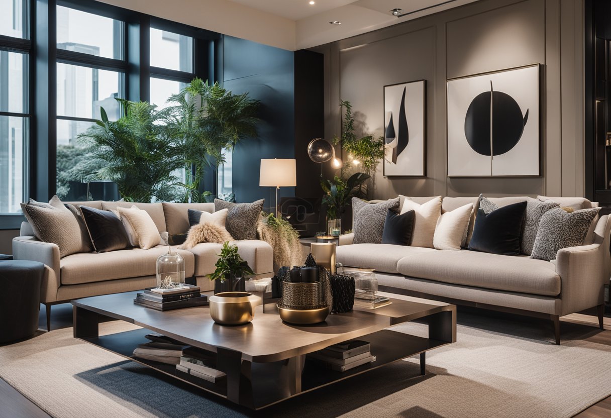A cozy living room with plush sofas, soft throw pillows, and a sleek coffee table. The room is filled with natural light and adorned with modern artwork and elegant lighting fixtures