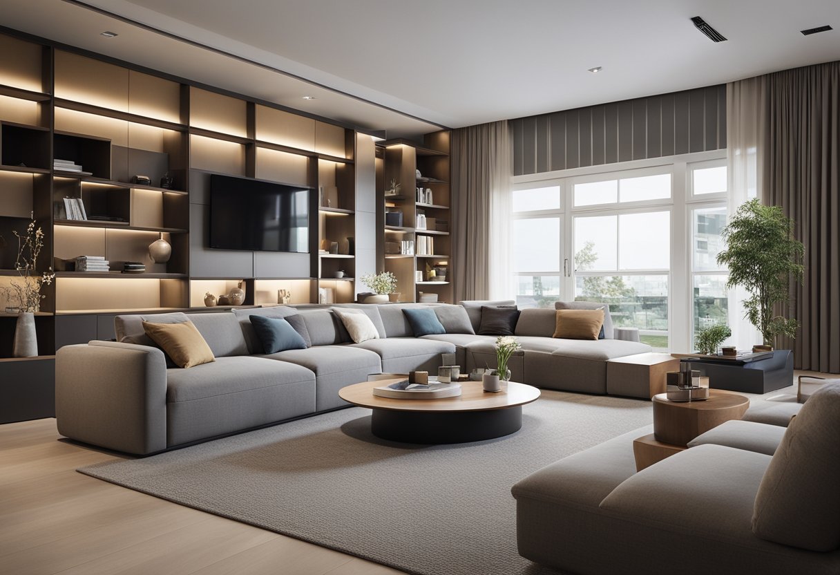 A spacious living room with multifunctional furniture arranged for optimal use of space. A sectional sofa with built-in storage, a coffee table with hidden compartments, and wall-mounted shelves create a modern and efficient design