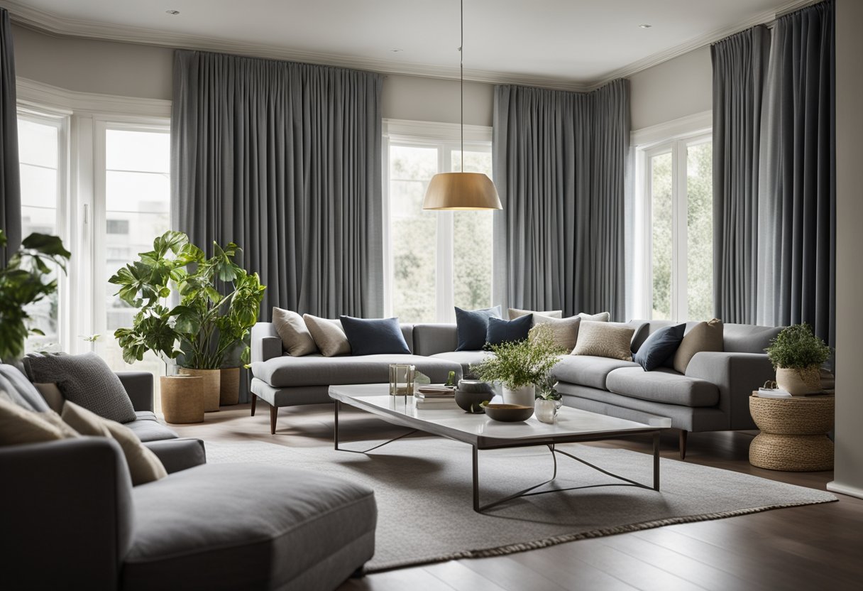 A living room with modern curtain designs hung from ceiling rods, with natural light filtering through. Regular maintenance includes dusting and occasional vacuuming