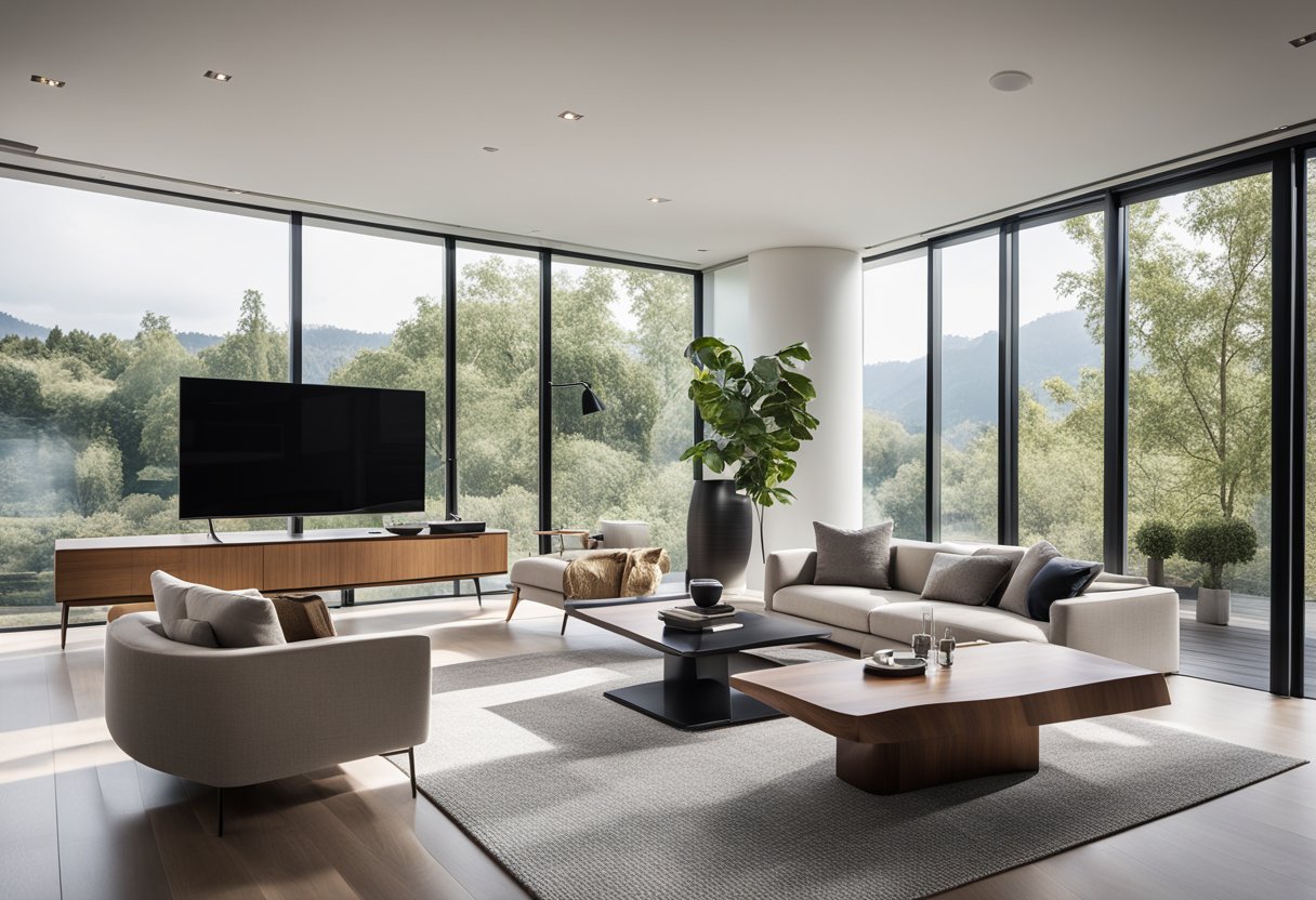 A modern living room with sleek furniture, a comfortable sofa, minimalist coffee table, and a stylish entertainment center. Bright natural light fills the room through large windows, creating a warm and inviting atmosphere