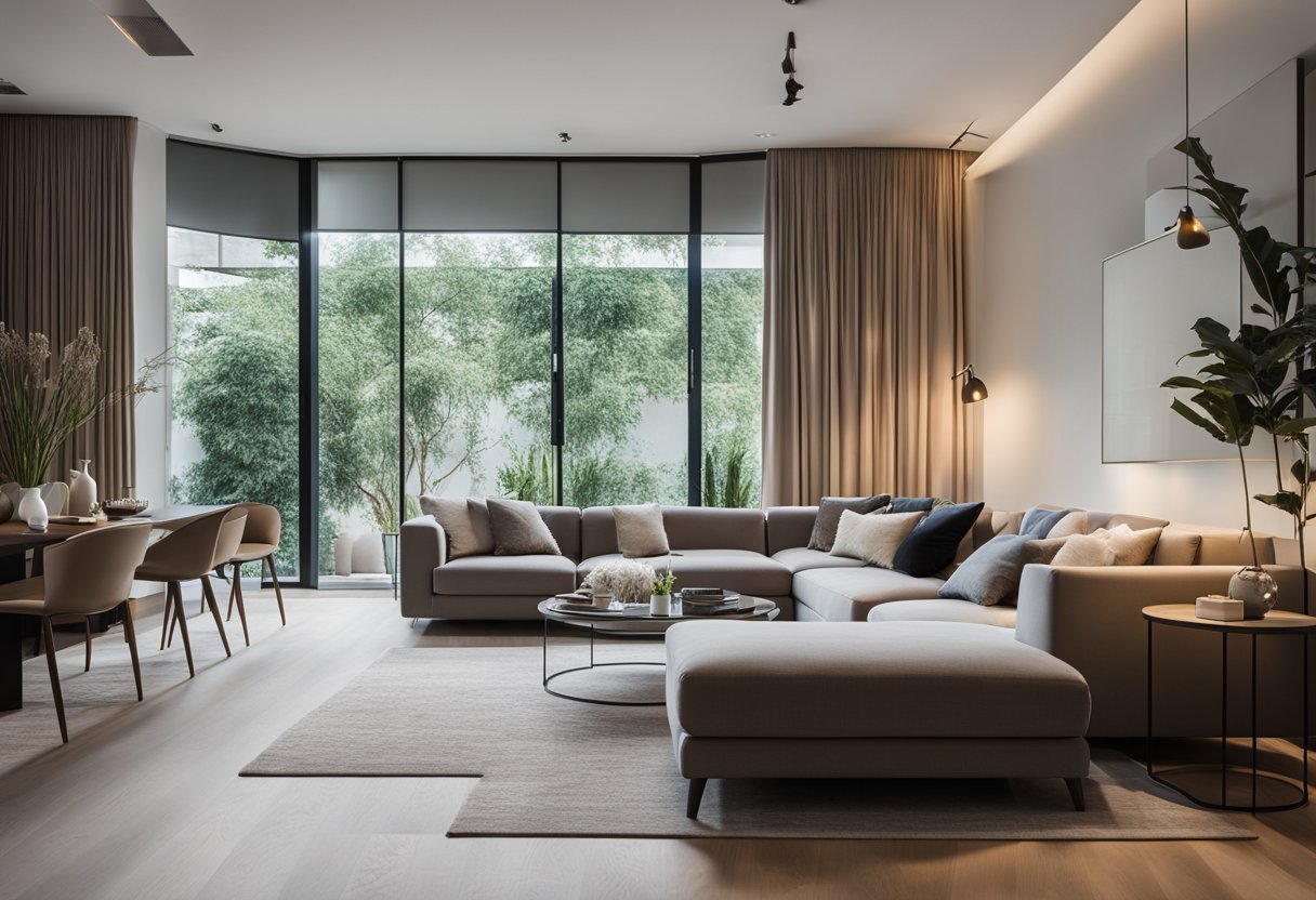 A modern living room with sleek, floor-to-ceiling curtains in various designs. Clean lines, neutral colors, and minimalistic furniture create a contemporary atmosphere