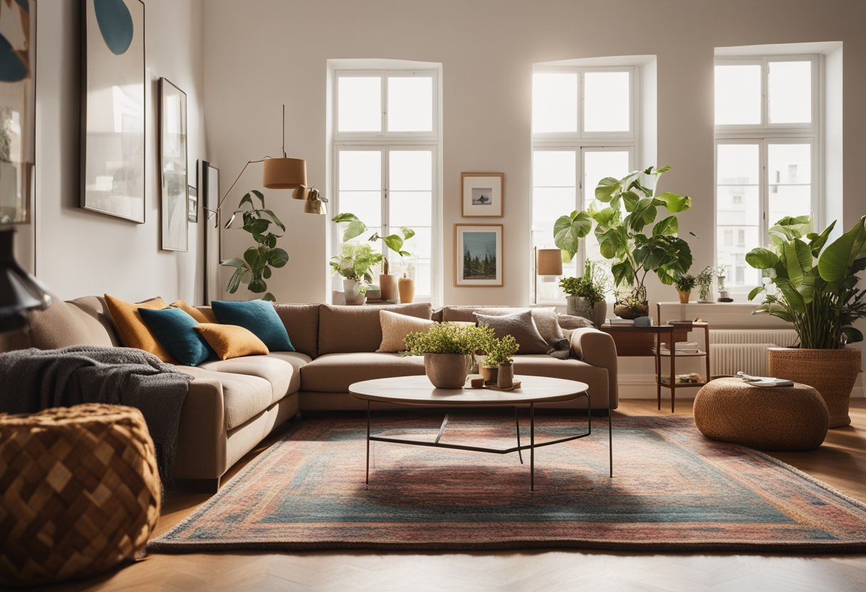 A cozy living room with a large, colorful rug, a comfortable sofa, and an artfully arranged gallery wall. Sunlight streams in through a large window, casting a warm glow over the room