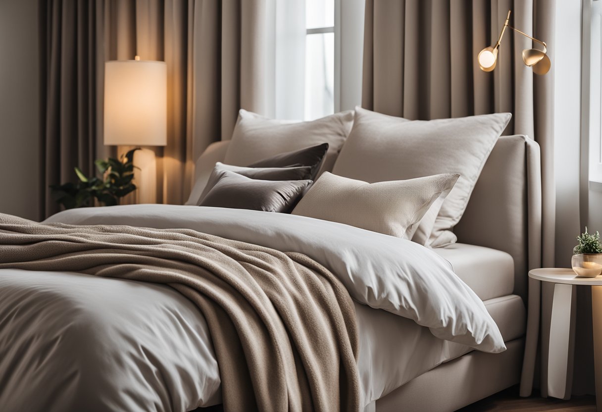 A cozy bedroom with soft, neutral tones. A plush bed with layered pillows and a soft throw. Minimalist furniture and warm lighting