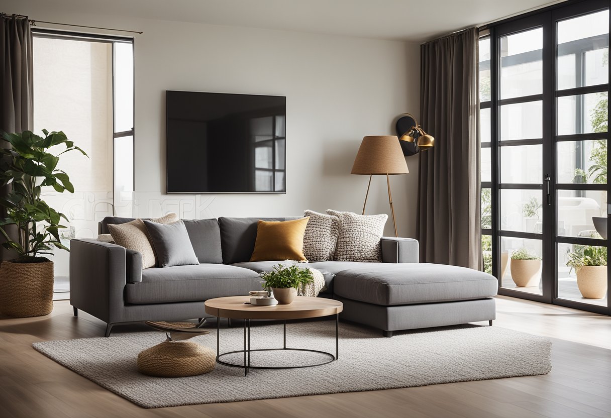A cozy living room with a plush sofa, elegant coffee table, soft rug, and stylish wall art. The room is bathed in warm natural light from large windows, creating a welcoming and inviting space