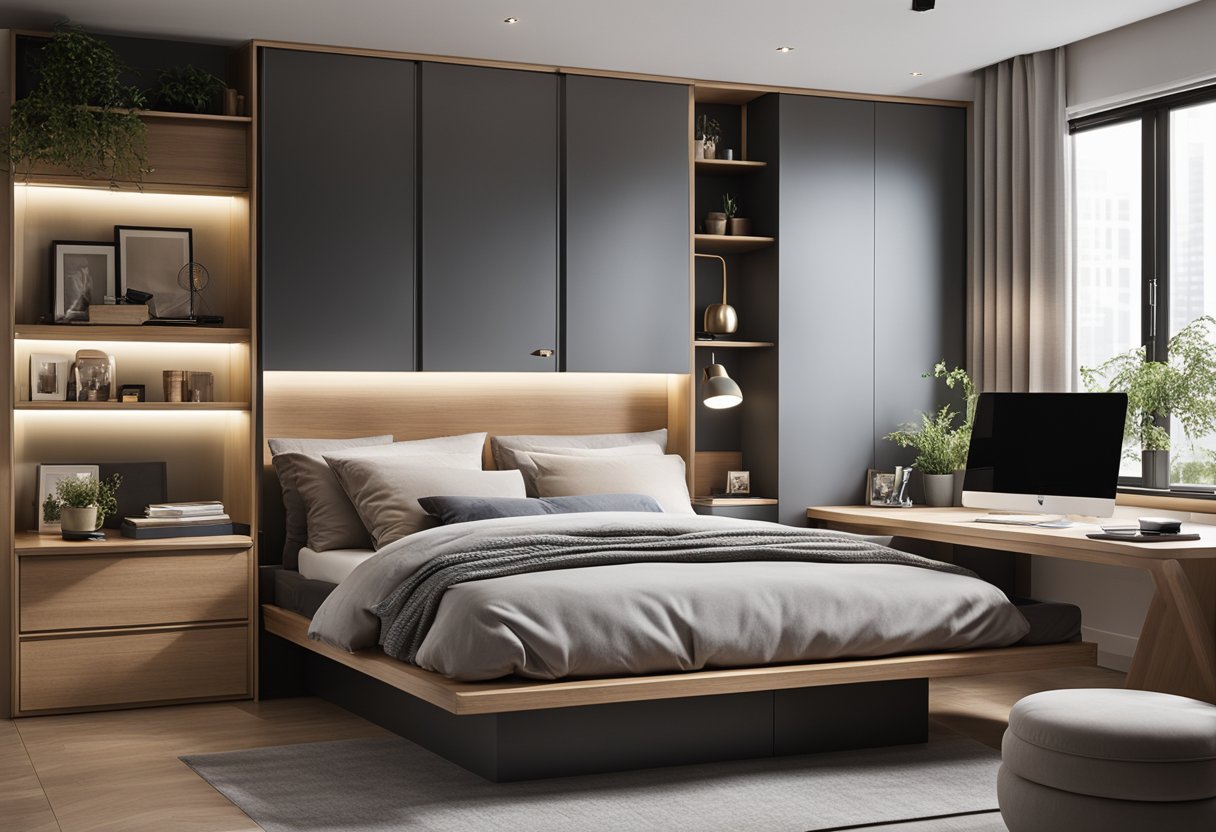 A bed with built-in storage, compact desk, and wall-mounted shelves in a small, tidy bedroom
