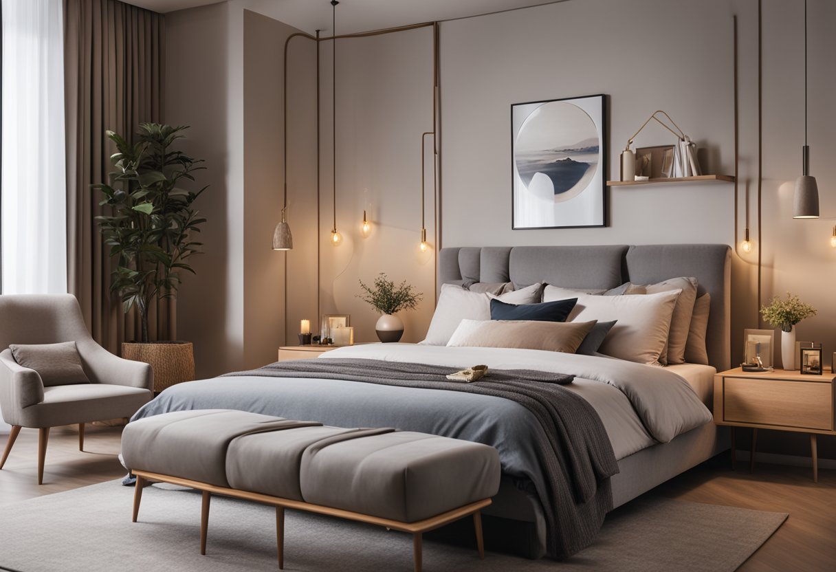 A spacious double bedroom with a large bed, soft pillows, and a cozy duvet. The room is decorated with elegant furniture, warm lighting, and a calming color scheme