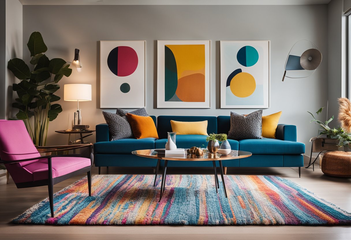 An open, modern living room with vibrant colors, cozy seating, and art-filled walls. A large, abstract rug anchors the space, while a sleek coffee table and stylish lighting complete the contemporary look