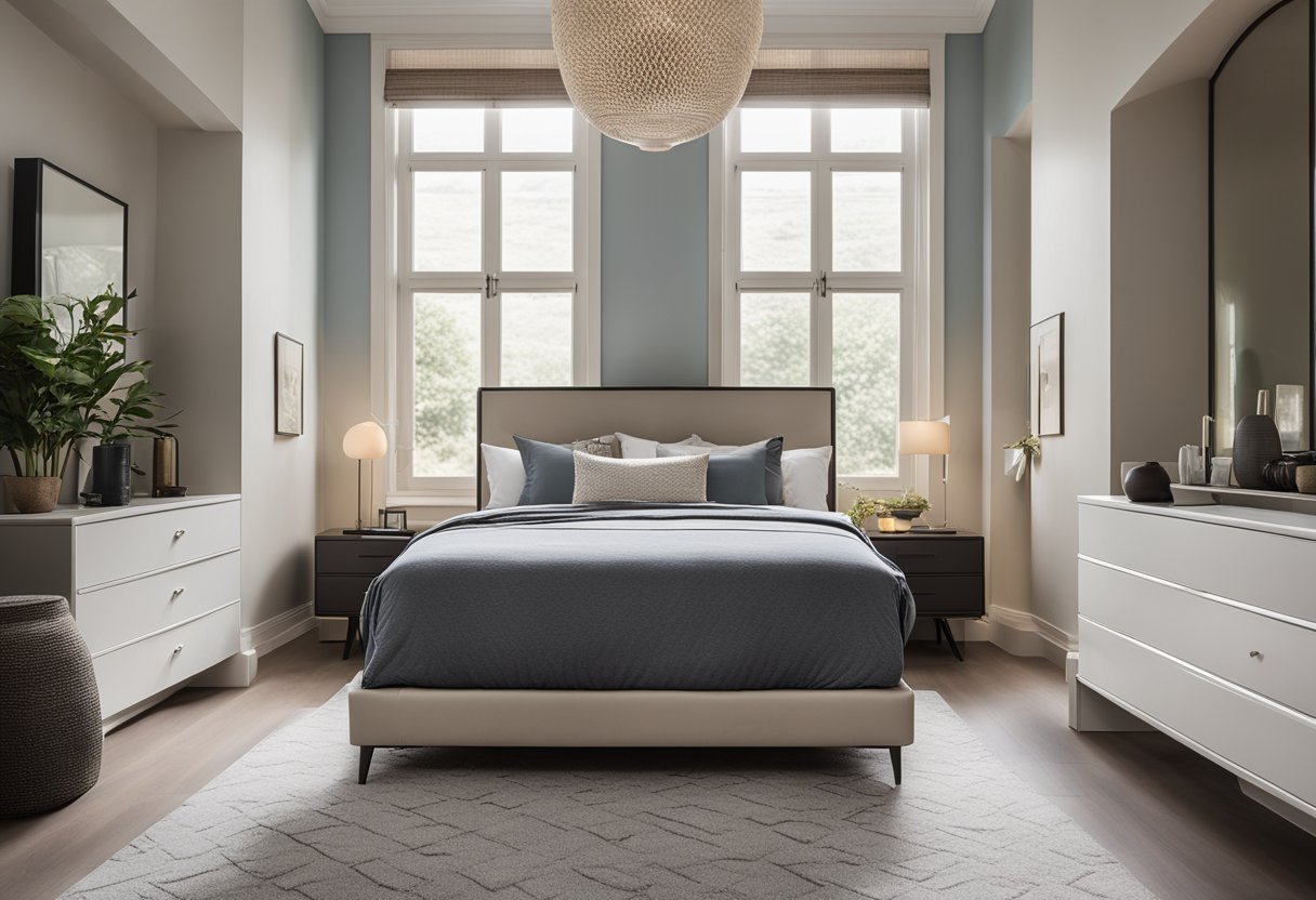 A spacious double bedroom with a king-sized bed, two nightstands, a cozy reading nook by the window, and a sleek, modern dresser