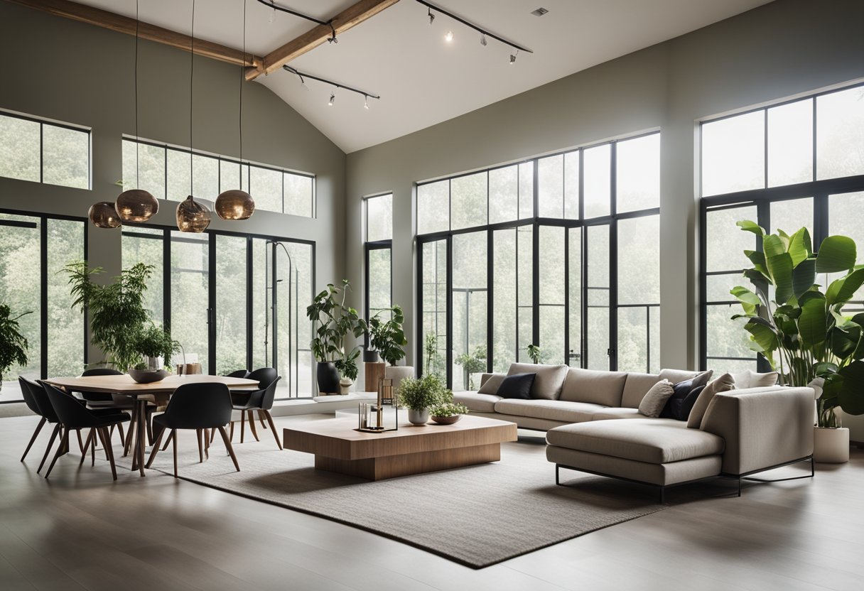 A sleek, open-plan living room with minimalist furniture, large windows, and a neutral color palette. A statement light fixture hangs from the high ceiling, and green plants add a touch of nature to the space